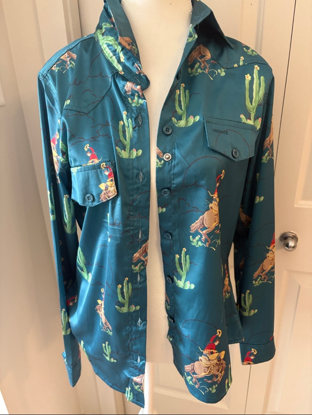 Outback small Teal Satin Cowboy Print Button-Up Shirt